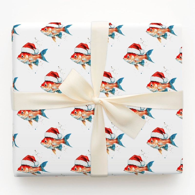 Humorous Holiday Fish Gift Wrap, Santa Goldfish Christmas Wrapping Paper, Adorable Aquatic Animal Wrapping Paper, Novelty Xmas Gift Wrap Roll