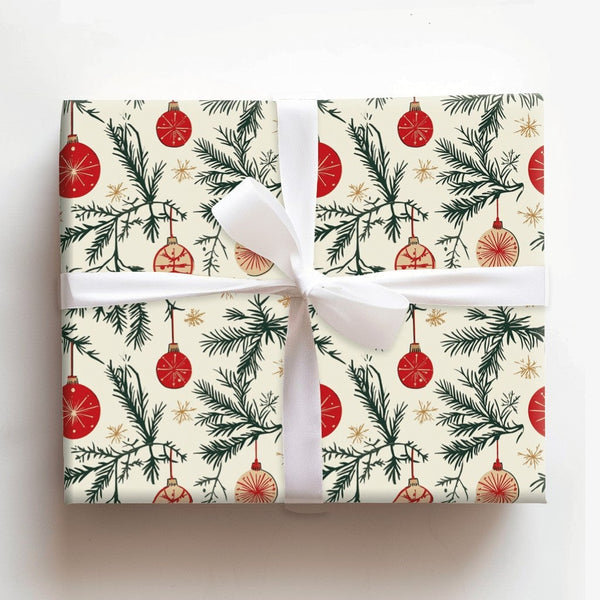 Vintage Pine Branch Gift Wrap, Red Ornament Wrapping Paper, Cream Christmas Snowflake Wrapping Paper, Retro Holiday Present W