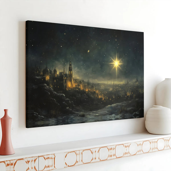 Nativity Christmas Religious Print, Star of Bethlehem Canvas Wall Art, Christian Landscape Bible Poster, Printable Holy Land 