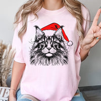 Santa Hat Cat Graphic Tee, Maine Coon Cat Christmas Shirt, Humorous Kitten Holiday T-Shirt, Adorable Pet Lover Xmas Shirt, Cat Mom Winter Present Tee