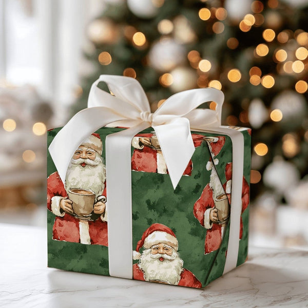 Comfy Christmas Santa Gift Wrap, Vintage Santa Hot Cocoa Wrapping Paper, Retro Green Holiday Wrapping Paper, Festive Winter P