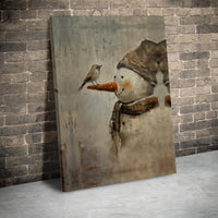Winter Bird and Snowman Canvas Print, Rustic Snowman Canvas Wall Art, Country Holiday Wall Art, Seasonal Christmas Canvas Decor, Xmas Present