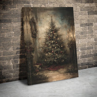 Moody Oil Painting Holiday Print, Vintage Christmas Tree Canvas Wall Art, Traditional Rustic Christmas Wall Decor, Holiday Home Present