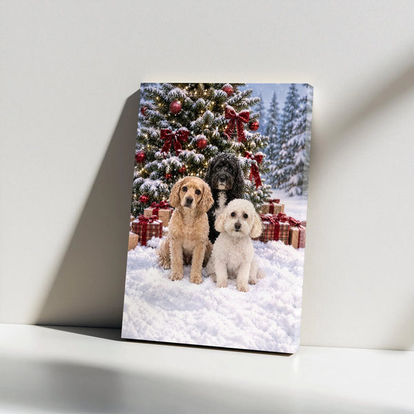 Snowy Christmas Tree Dog Wall Art, Christmas Dogs Canvas, Holiday Dog Canvas Print, Festive Pet Wall Decor, Dog Lover Christm