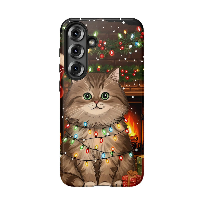 S23 S24 Kitten Holiday Lights Samsung Case, Christmas Cat Phone Case, Festive Dual Layer Tough Cover, Cat Lover Present for Samsung
