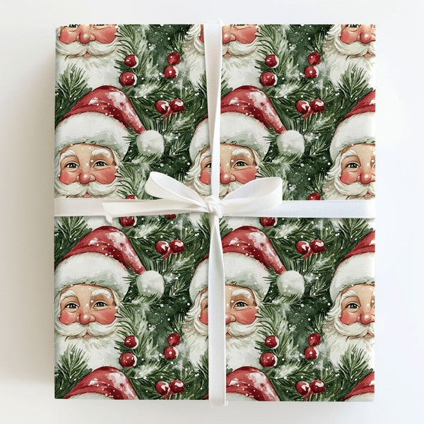 Watercolor Santa Claus Gift Wrap, Vintage Santa Wrapping Paper, Nostalgic Christmas Wrapping Paper, Pine and Berries Holiday 