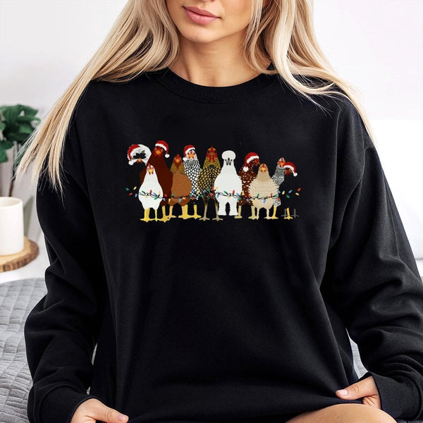 Festive Farm Animal Holiday Lights Graphic Crewneck, Christmas Chicken Sweatshirt, Adorable Winter Pullover, Chicken Lover Pr