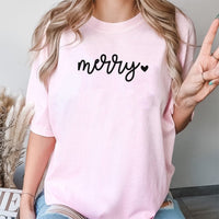 Minimalist Holiday Graphic Tee, Merry Christmas Script Heart T-Shirt, Adorable Festive Xmas Tree Shirt, Winter Family Matching Apparel