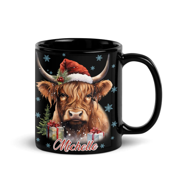 Festive Winter Highland Cow Mug, Highland Cow Santa Hat Christmas Mug, Adorable Snowflake Holiday Farm Animal Mug, Xmas Farmh