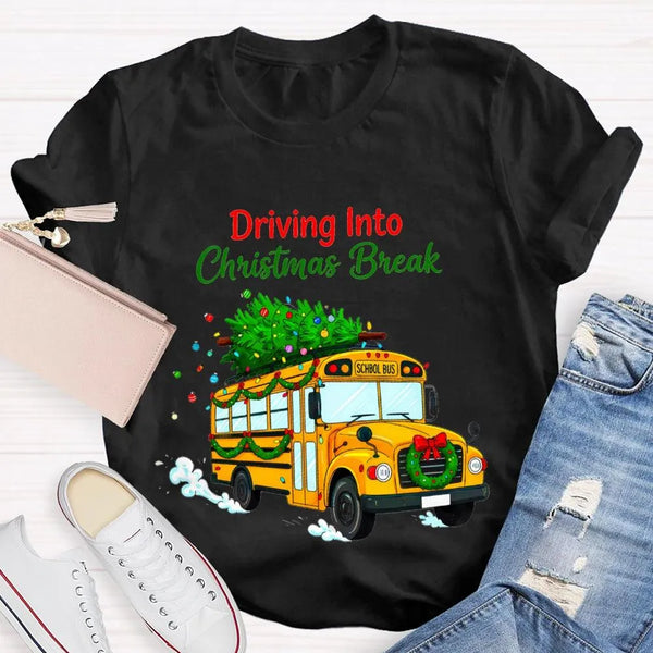 Driving into Christmas Break Shirt, Christmas School Bus T-Shirt, Winter Holiday Bus Driver Tee, Teacher Graphic T-Shirt, Xma