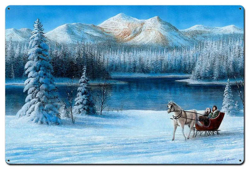 Vintage Winter Lake Metal Sign, Sleigh Ride by the Lake Metal Sign, Rustic Snowy Sleigh Wall Art, Christmas Holiday Metal Sign, Cabin Decor