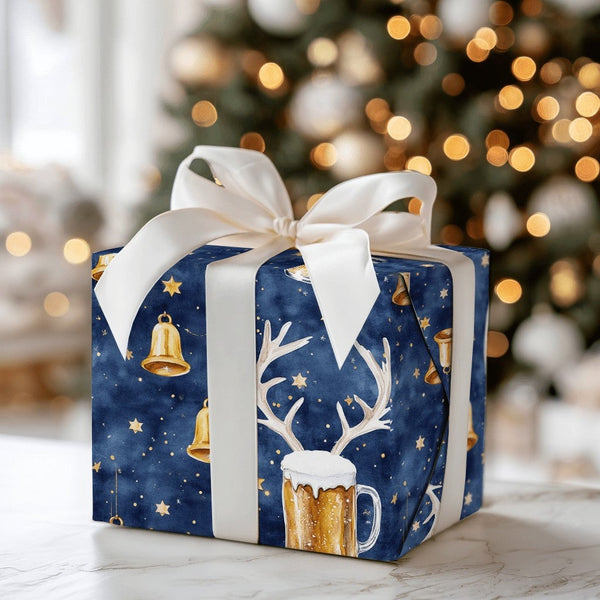 Reindeer Antler Beer Mug Gift Wrap, Rein-Beer Christmas Wrapping Paper, Humorous Holiday Beer Lover Wrapping Paper, Winter Ni