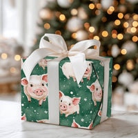 Adorable Watercolor Piglet Gift Wrap, Winter Pig Christmas Wrapping Paper, Dark Green Animal Wrapping Paper, Whimsical Holiday Present Gift Wrap