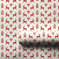 Reindeer Pine Tree Gift Wrap, Scandinavian Christmas Wrapping Paper, Nordic Holiday Wrapping Paper Roll, Red Winter Present Wrap Roll