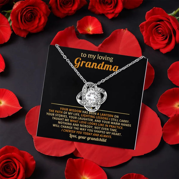 Grandmother CZ Love Knot Necklace, Grandma Love Knot Necklace, Rotating Rose Box Pendant Necklace, Birthday Christmas Present