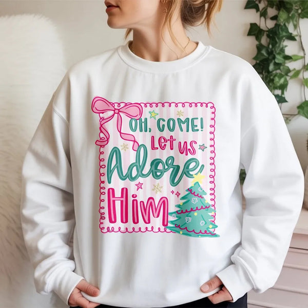 Pink Coquette Christmas Crewneck, Oh Come Let Us Adore Him Sweatshirt, Nativity Christian Holiday Sweater, Girly Xmas Bow Pul