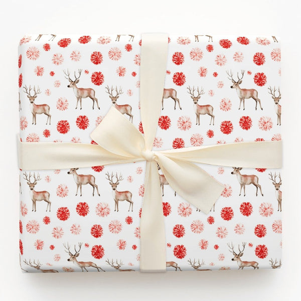 Floral Holiday Gift Wrap, Watercolor Reindeer Wrapping Paper, Elegant Stag Christmas Wrapping Paper, Winter Botanical Gift Wr