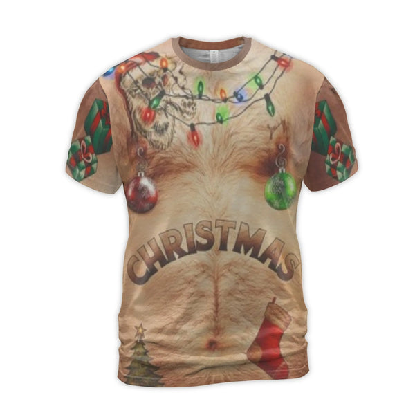 Ugly Xmas Sweater Graphic Shirt, Humorous Hairy Chest Christmas T-Shirt, Holiday Gag Present Tee, Novelty Party Chest Hair Sh