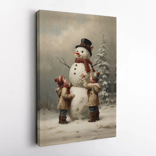 Snowman Winter Children Poster, Vintage Christmas Wall Art Digital Download, Retro Holiday Landscape Print, Nostalgic Xmas De