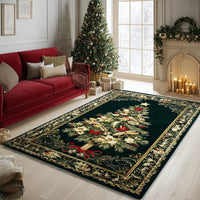 Poinsettia Evergreen Star Floor Carpet, Vintage Botanical Christmas Tree Area Rug, Non-Slip Holiday Mat, Festive Winter Room Decor Present