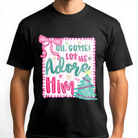 Pink Coquette Christmas Tree Tee, Oh Come Let Us Adore Him T-Shirt, Christian Holiday Graphic Shirt, Faith Aesthetic Scripture Tee