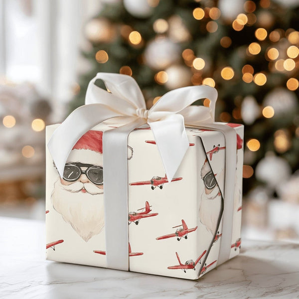 Airplane Christmas Gift Wrap, Aviator Santa Wrapping Paper, Vintage Pilot Santa Wrapping Paper, Aviation Holiday Gift Wrap, P