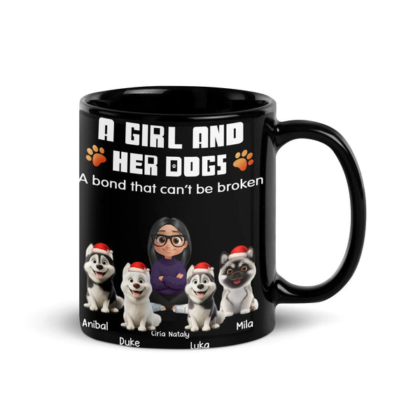 Adorable Cartoon Girl and Dogs Santa Mug, Personalized Dog Mom Coffee Mug, Christmas Holiday Dog Parent Ceramic Cup, Winter D