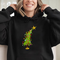 Humorous Whimsical Holiday Hoodie, Crooked Christmas Tree Hoodie, Adorable Xmas Tree Graphic Pullover, Winter Holiday Hoodie, Festive Party Present