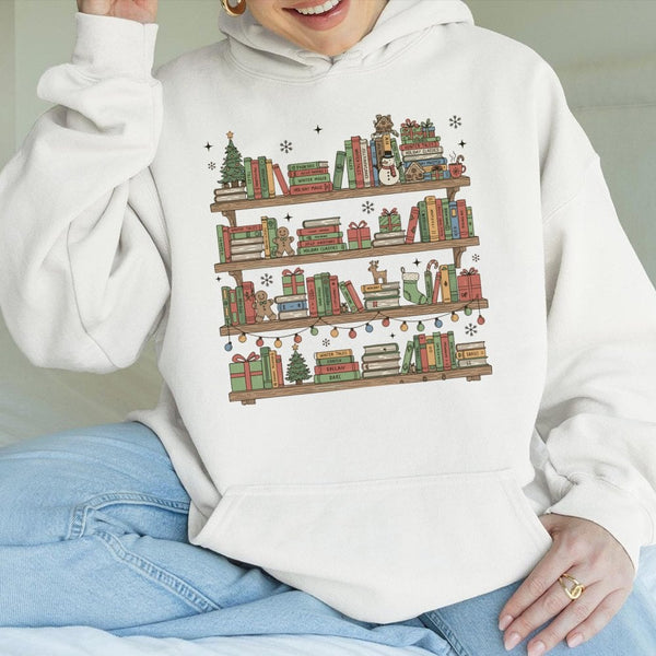 Comfy Festive Librarian Reading Sweatshirt, Christmas Book Shelf Hoodie, Holiday Book Lover Pullover, Booktok Xmas Hooded Swe