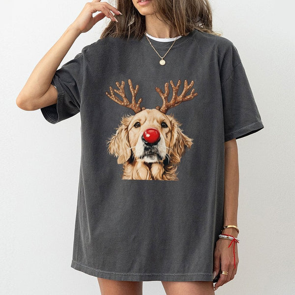 Adorable Christmas Dog Graphic Tee, Golden Retriever Reindeer T-Shirt, Red Nose Puppy Holiday Shirt, Festive Dog Lover Tee, X