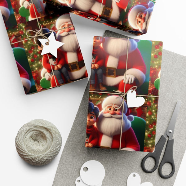 Adorable Cartoon Santa Claus Gift Wrap, Boy on Santa Lap Christmas Wrapping Paper, Holiday Season Wrapping Paper Roll, Xmas P