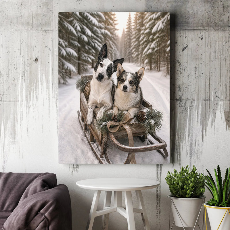 Rustic Snowy Forest Sled Dog Canvas Print, Dogs in Sleigh Winter Canvas Wall Art, Christmas Holiday Dog Lover Canvas, Comfy Seasonal Decor