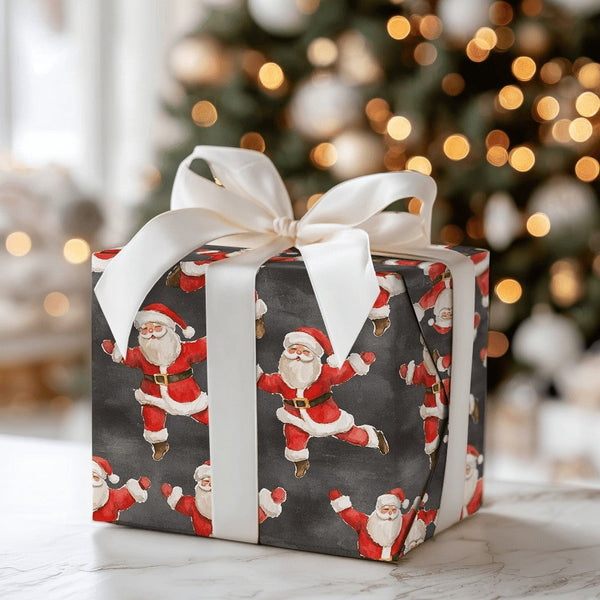 Charcoal Dark Holiday Gift Wrap, Dancing Santa Christmas Wrapping Paper, Whimsical Xmas Wrapping Paper, Festive Santa Gift Wr