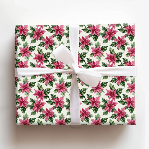 Watercolor Christmas Floral Gift Wrap, Pink Poinsettia Wrapping Paper, Pastel Botanical Wrapping Paper Roll, Elegant Holiday 