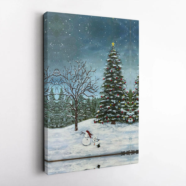 Winter Landscape Snowman Canvas Print, Christmas Snowman Canvas Wall Art, Holiday Scene Canvas Art, Comfy Winter Wall Decor, 