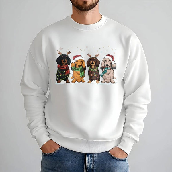 Adorable Festive Wiener Dog Sweater, Dachshund Christmas Sweatshirt, Holiday Dachshund Crewneck, Retro Winter Dog Lover Pullo