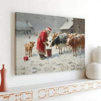 Snowy Farm Christmas Canvas Wall Art, Santa Feeding Cows Canvas Print, Rustic Farmhouse Winter Canvas Decor, Holiday Cattle Canvas Artwork