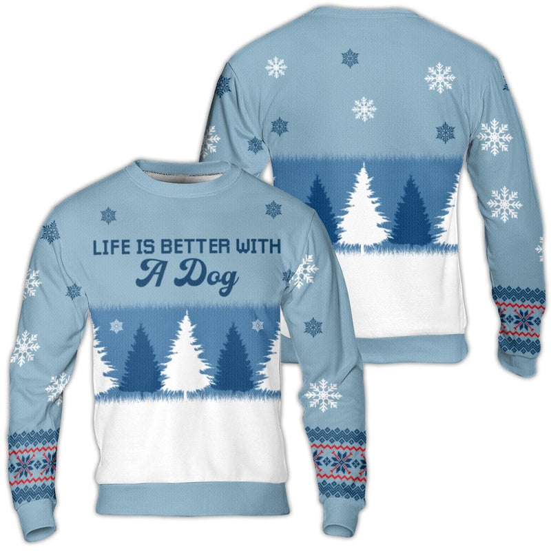 Winter Forest Dog Lover Crewneck, Life Is Better with a Dog Ugly Christmas Sweater, Snowy Canine Holiday Sweatshirt Present