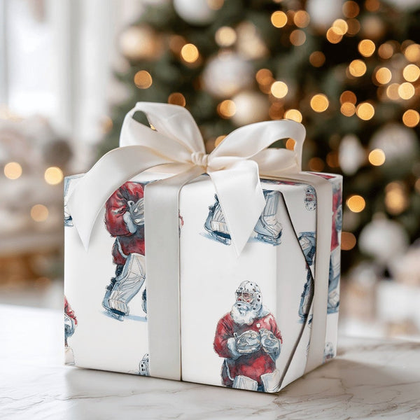 Festive Christmas Sports Gift Wrap, Santa Hockey Goalie Wrapping Paper, Watercolor Ice Hockey Paper, Adorable Present Wrappin