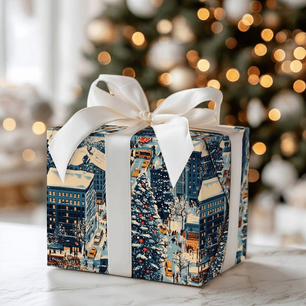 Yellow Taxi Cab Holiday Gift Wrap, Snowy City Christmas Wrapping Paper, Winter Street Scene Gift Wrap Paper, Urban Christmas 