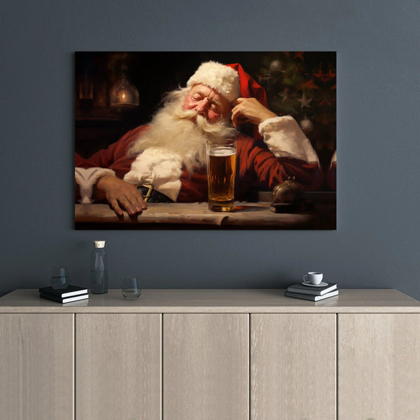 Humorous Holiday Wall Art Canvas, Sleeping Santa Claus Drinking Beer Canvas Print, Humorous Christmas Wall Decor, Holiday Pre