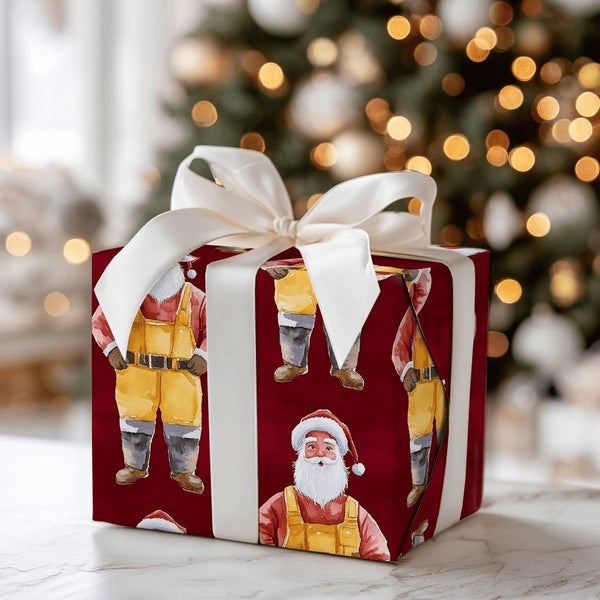 Whimsical Santa Claus Gift Wrap, Yellow Overalls Santa Wrapping Paper, Red Background Christmas Wrapping Paper, Holiday Prese