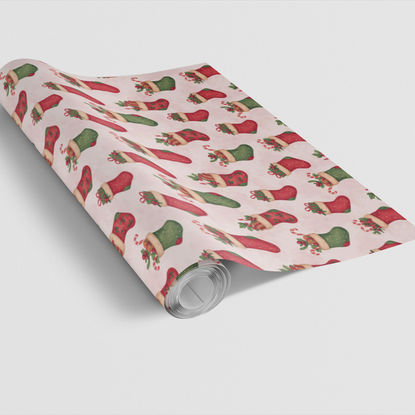 Candy Cane Holly Gift Wrap, Merry Mantle Christmas Stocking Wrapping Paper, Festive Red Green Holiday Gift Wrapping Paper, Xm