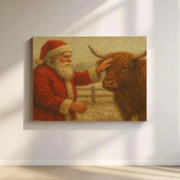 Vintage Farmhouse Christmas Canvas Print, Santa Claus with Highland Cow Canvas Art, Rustic Holiday Cattle Wall Decor, Xmas Home Decor Present