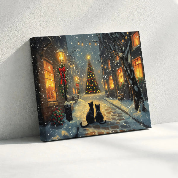 Snowy Village Holiday Street Canvas Wall Art, Black Cat Christmas Canvas Print, Winter Cat Landscape Canvas, Holiday Home Dec