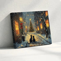 Snowy Village Cat Print, Black Cat Christmas Canvas Wall Art, Holiday Black Cat Poster, Winter Cat Scene Digital Download