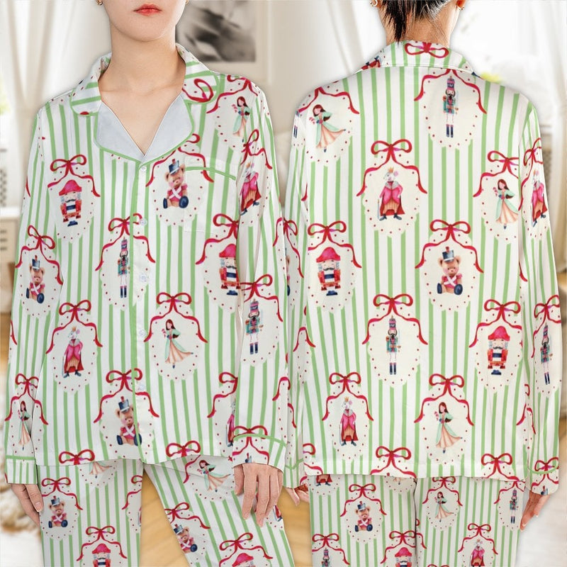 Christmas Nutcracker Pajamas, Nutcracker Satin Pajama Set, Holiday Festive Pajama Set, Silky Button Down Sleepwear, Womens Xmas Loungewear
