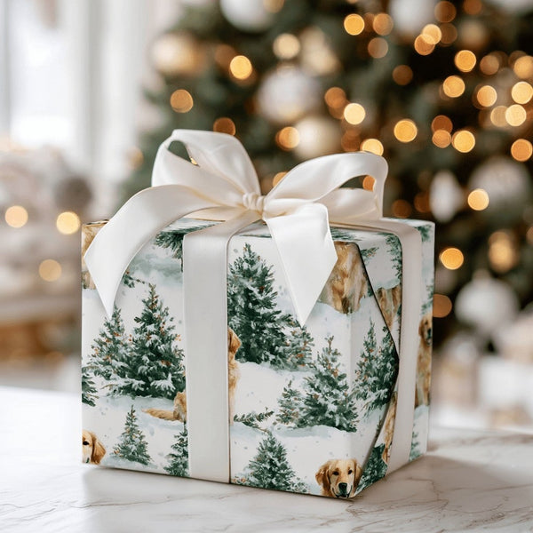 Snowy Pine Tree Dog Gift Wrap, Golden Retriever Wrapping Paper, Winter Landscape Wrapping Paper, Christmas Pet Gift Wrap, Hol