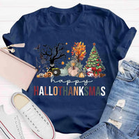 Halloween Fall Christmas Shirt, Hallothanksmas T-Shirt, Humorous Holiday Season Graphic Tee, Adorable Autumn Xmas T-Shirt, Present for Him and Her
