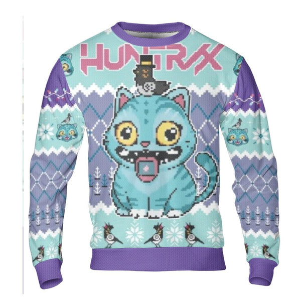 Retro 8-Bit Gamer Holiday Sweater, Pixel Cat Ugly Christmas Sweater, Humorous Gaming Crewneck Sweatshirt, Unisex Xmas Party A